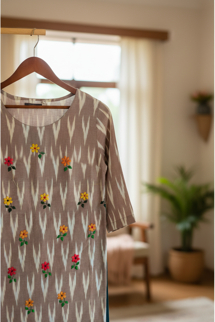 UNSTITCHED HAND -EMBROIDERED KURTIES (BROWN AND WHITE IKKAT)