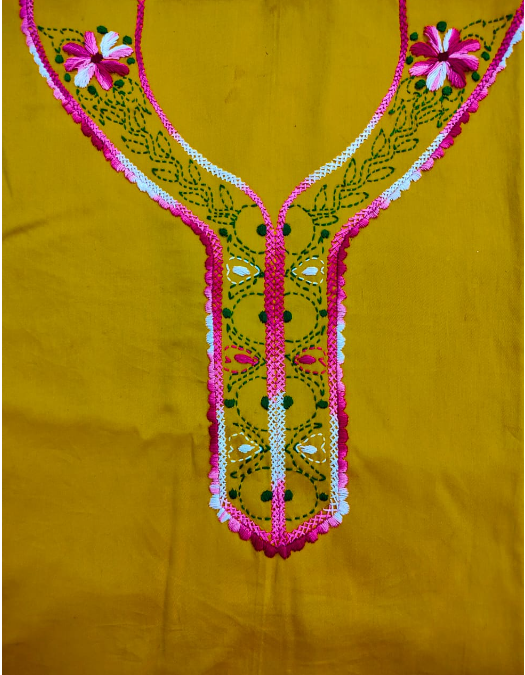 UNSTITCHED HAND- EMBROIDERD KURTEES (MUSTARD YELLOW)