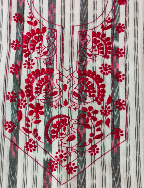UNSTITCHED HAND -EMBROIDERD KURTEE (BLACK AND WHITE IKKAT)