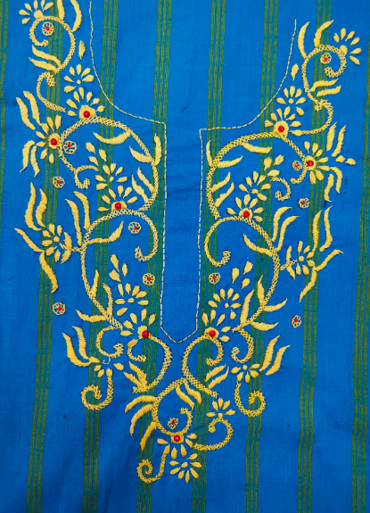 UNSTITCHED HAND -EMBROIDERD KURTEES ( BLUE STRIPED)