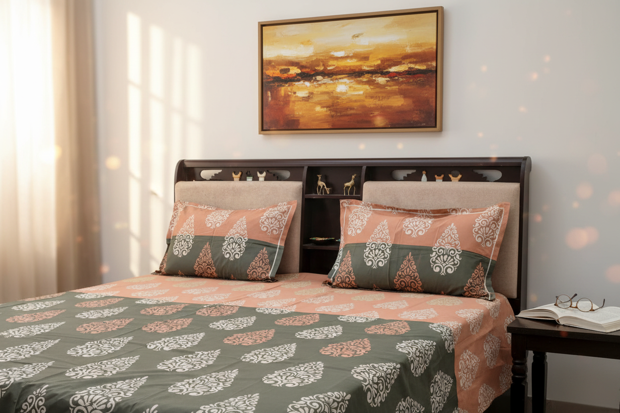 PRINTED BEDSHEET OLIVE - ORANGE