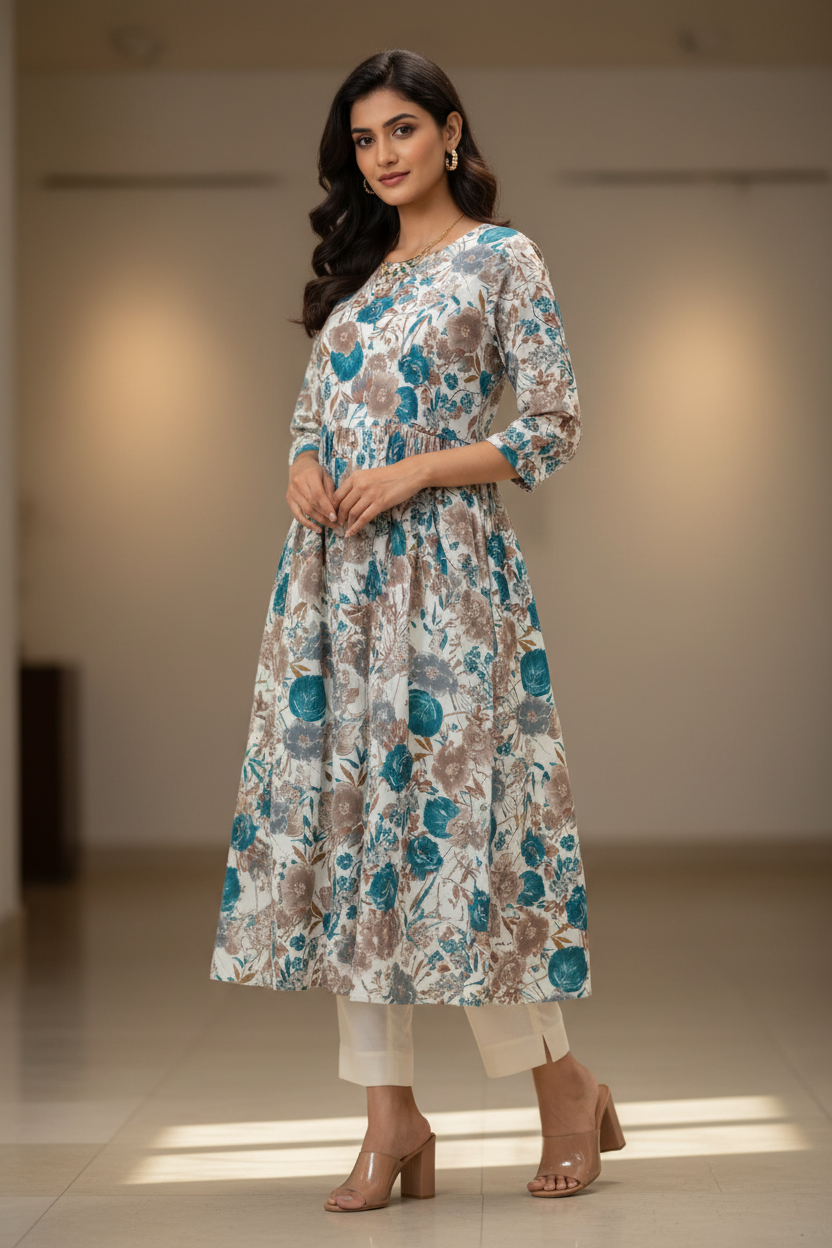 STICHED KURTIES CASUAL (FLORALBLUE COTTON)