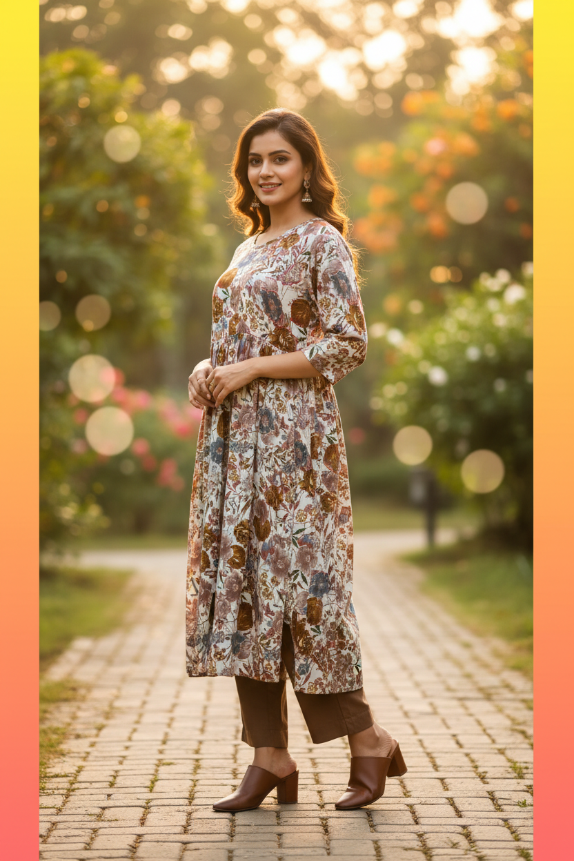 STICHED KURTIES CASUAL (FLORALBROWN)
