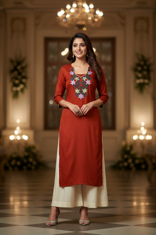 UNSTITCHED EMBROIDERD KURTEES(BRICK RED