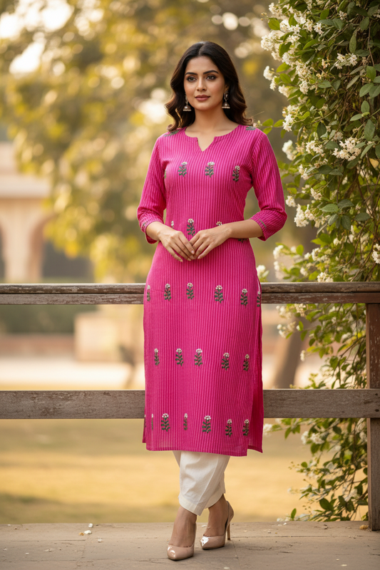 UNSTITCHED HAND -EMBROIDERD KURTEES (LIGHT RED STRIPED)