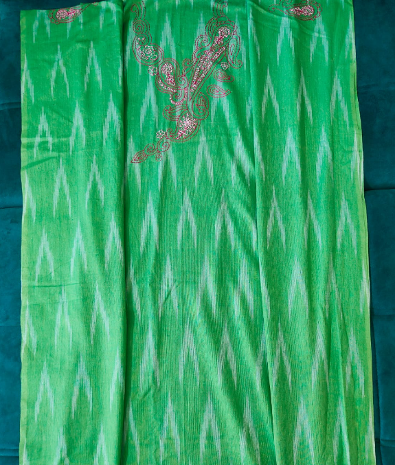 UNSTITCHED HAND -EMBROIDERD KURTEES(GREEN AND WHITE IKKAT)