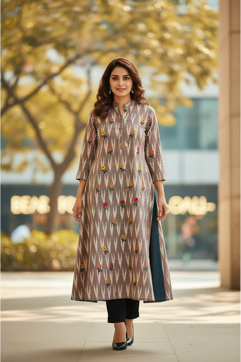UNSTITCHED HAND -EMBROIDERED KURTIES (BROWN AND WHITE IKKAT)