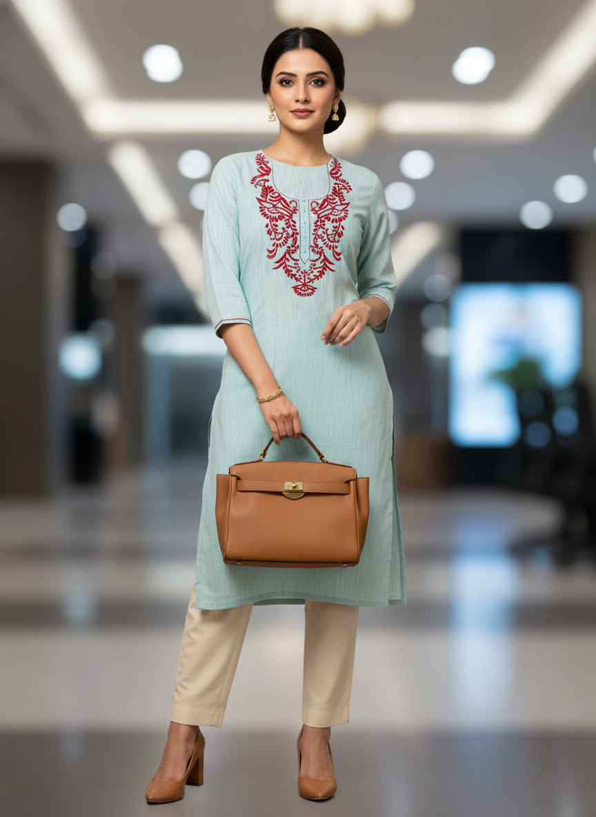 UNSTITCHED HAND -EMBROIDERD KURTEES (LIGHT BLUESTRIPED)