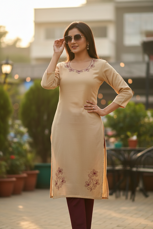 UNSTITCHED EMBROIDERD KURTEES(LIGHT BROWN)