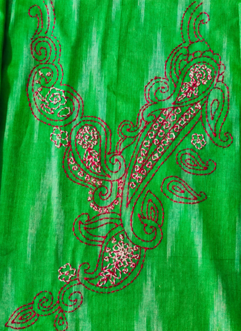 UNSTITCHED HAND -EMBROIDERD KURTEES(GREEN AND WHITE IKKAT)