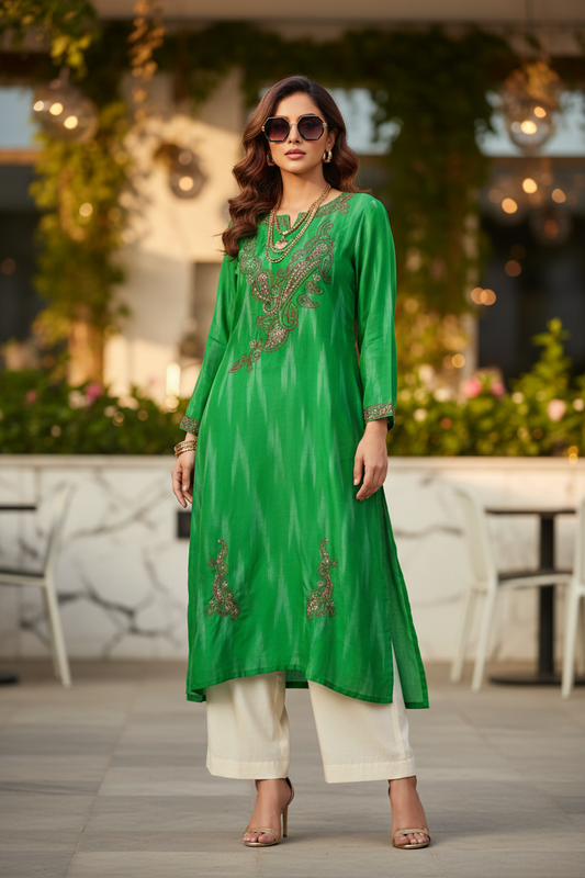 UNSTITCHED HAND -EMBROIDERD KURTEES(GREEN AND WHITE IKKAT)