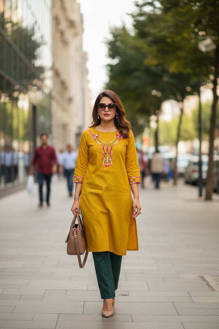 UNSTITCHED HAND- EMBROIDERD KURTEES (MUSTARD YELLOW)