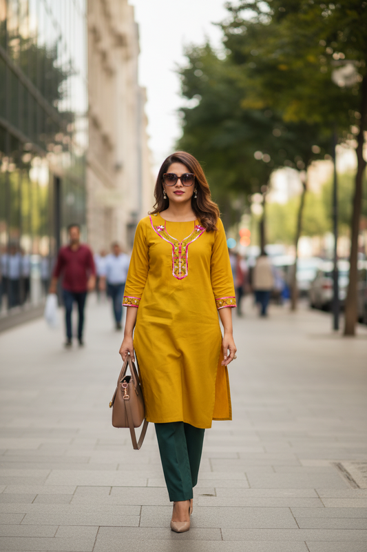 UNSTITCHED HAND- EMBROIDERD KURTEES (MUSTARD YELLOW)