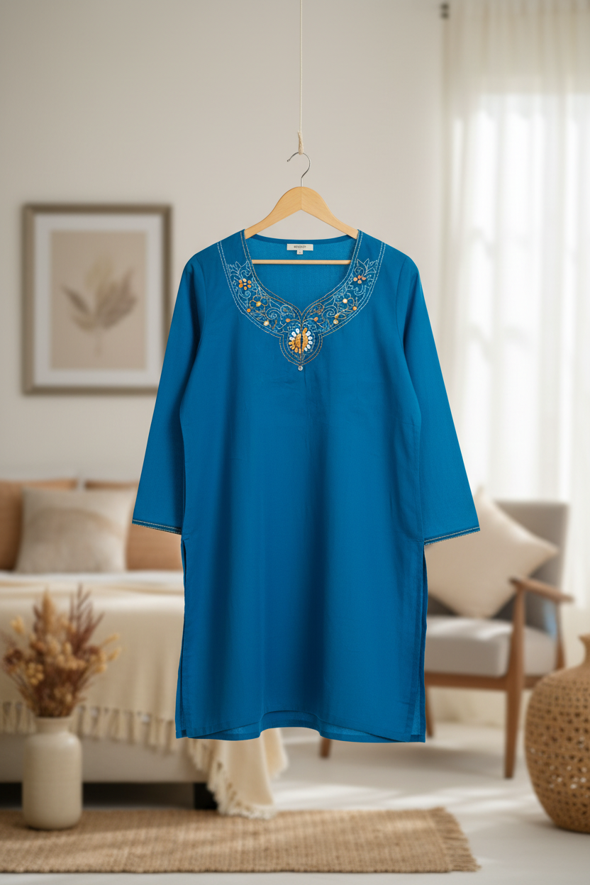 UNSTITCHED EMBROIDERD KURTEES(BLUE)