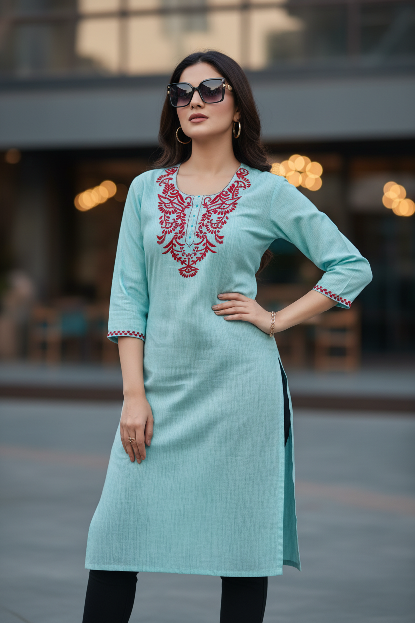 UNSTITCHED HAND -EMBROIDERD KURTEES (LIGHT BLUESTRIPED)