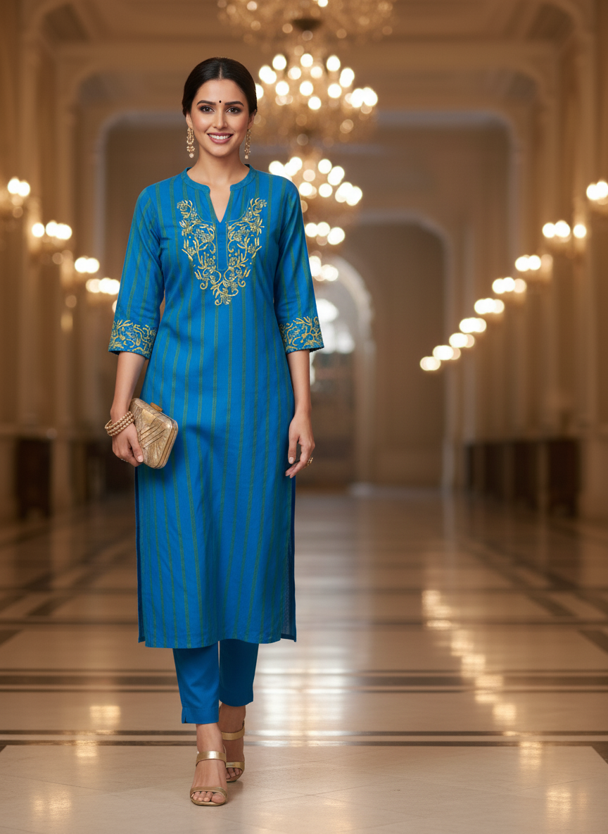 UNSTITCHED HAND -EMBROIDERD KURTEES ( BLUE STRIPED)