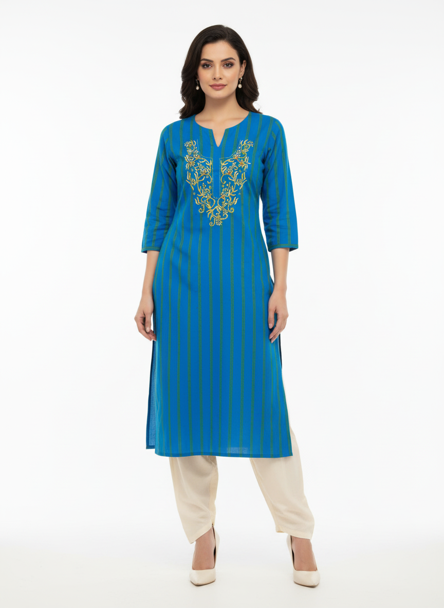 UNSTITCHED HAND -EMBROIDERD KURTEES ( BLUE STRIPED)