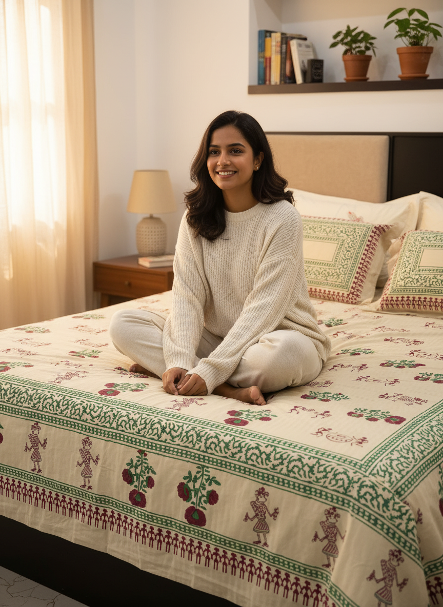 PRINTED BEIGE BED COVER