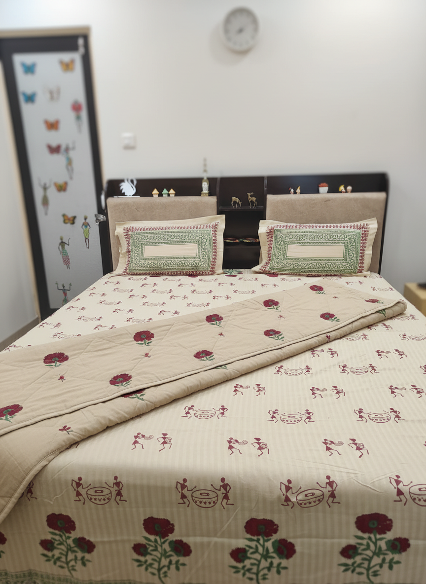 PRINTED BEIGE BED COVER