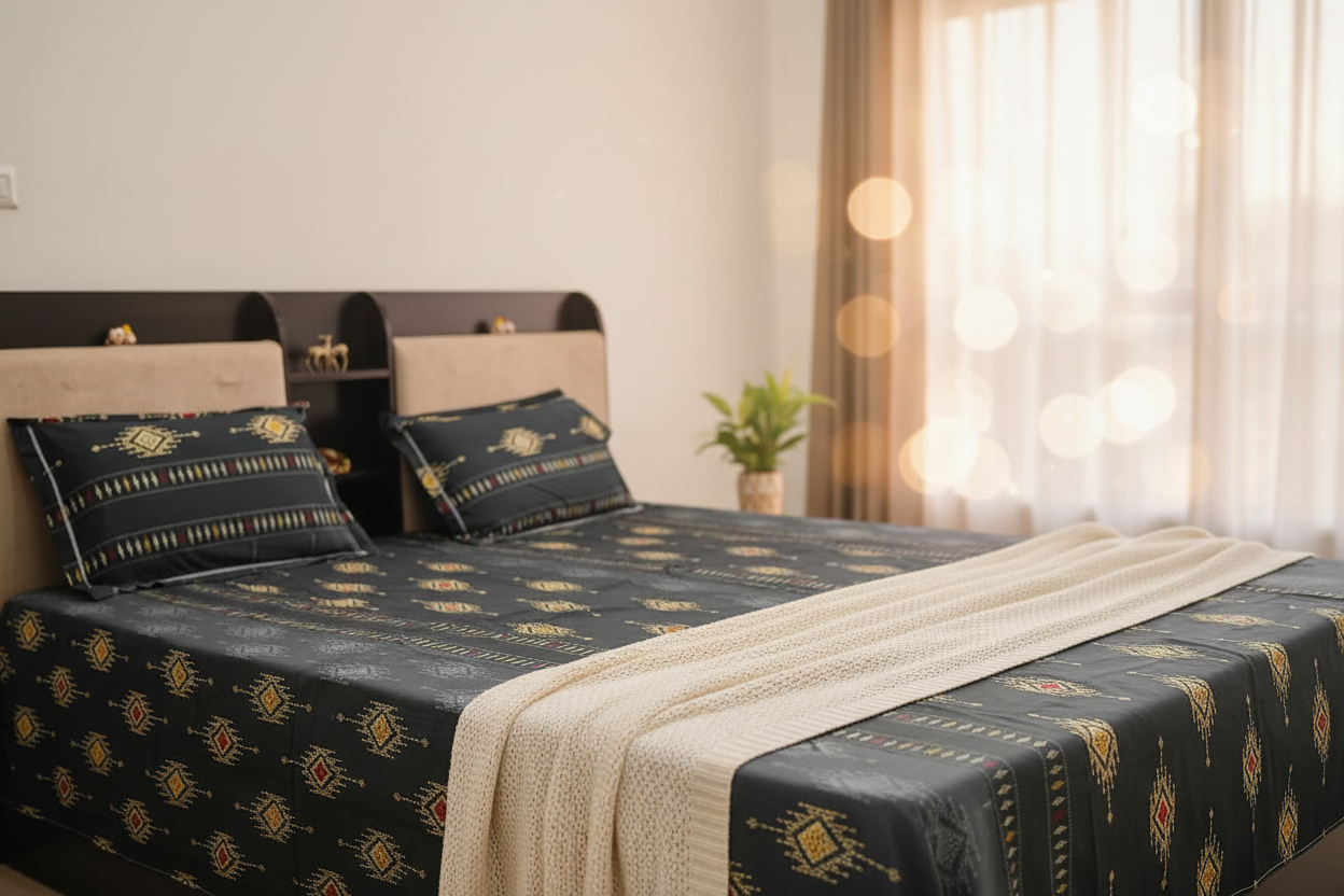 PRINTED BEDSHEET  BLACK GREY