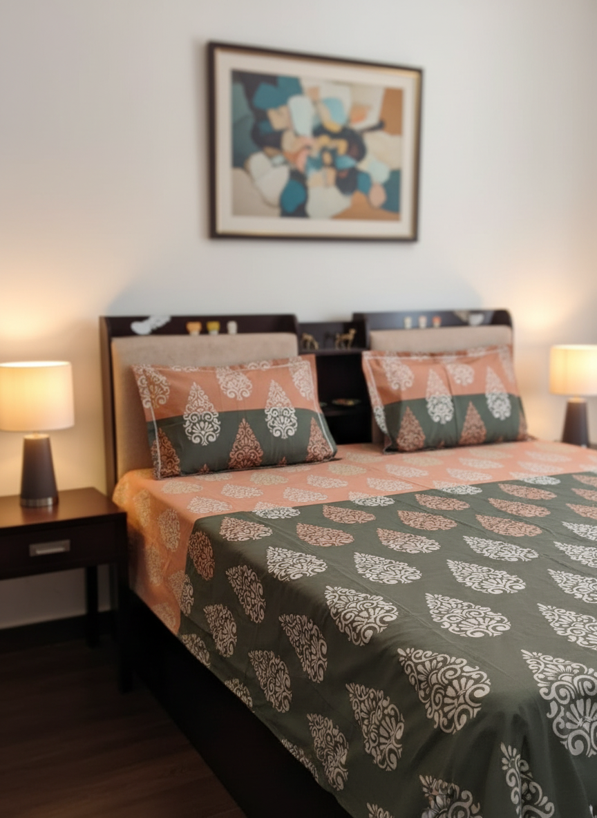 PRINTED BEDSHEET OLIVE - ORANGE