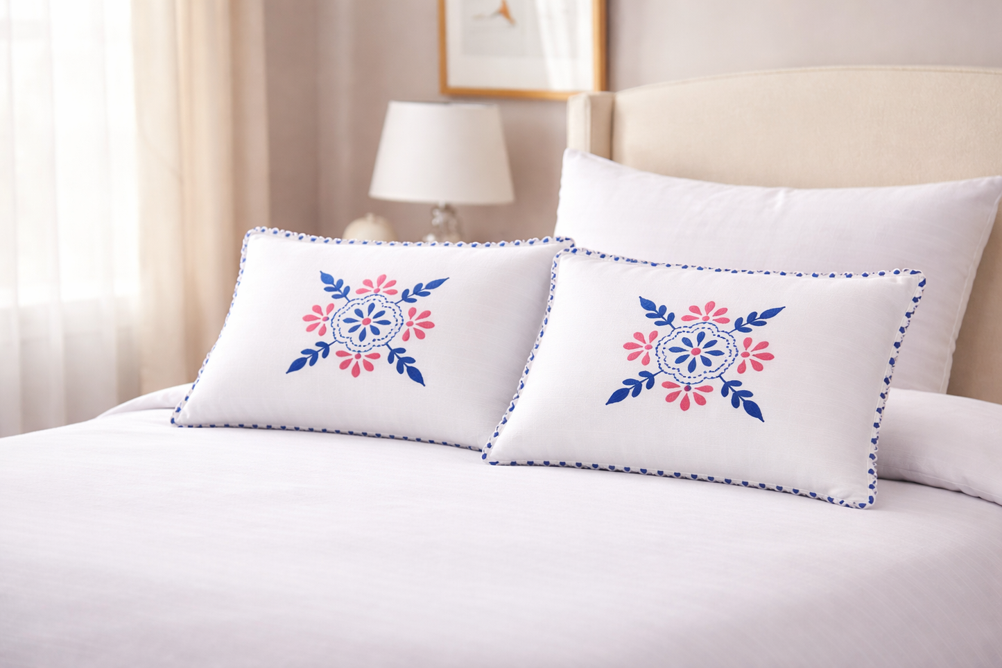 PILLOW CASES  WHITE   WITH BLUE EDGES